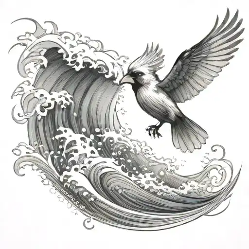 cardinal flying under an ocean wave with palm tree background tattoo design idea