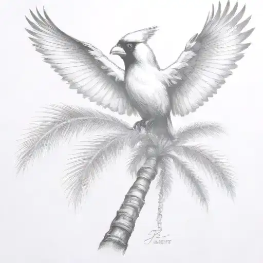flying  cardinal and palm tree  tattoo design idea