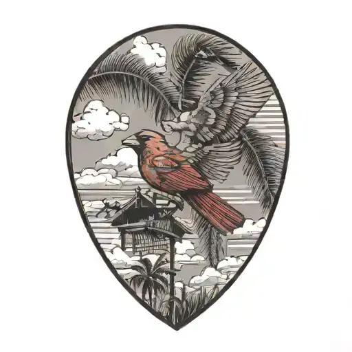 flying  cardinal, palm trees, clouds tattoo design idea