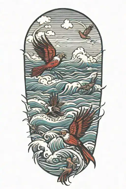 flying cardinal, ocean waves, palm trees  tattoo design idea