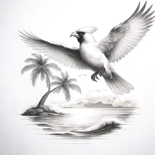 flying  cardinal to the ocean and palm tree with big wave tattoo design idea
