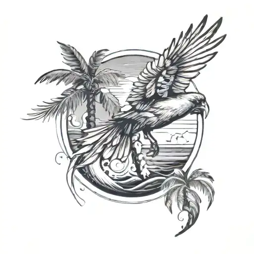 cardinal flying, and palm tree with wave crashing  tattoo design idea