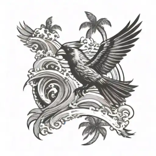 cardinal flying under an ocean wave with palm tree background tattoo design idea