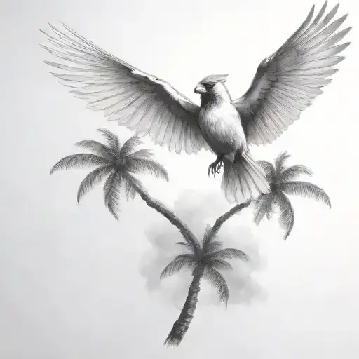flying  cardinal and palm tree  siloette  and clouds  tattoo design idea