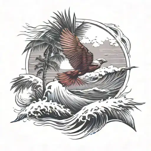 flying cardinal and rolling wave and palm tree tattoo design idea