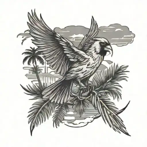 flying  cardinal, palm trees, storm   tattoo design idea