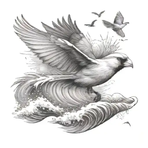 flying cardinal and rolling wave and palm tree tattoo design idea