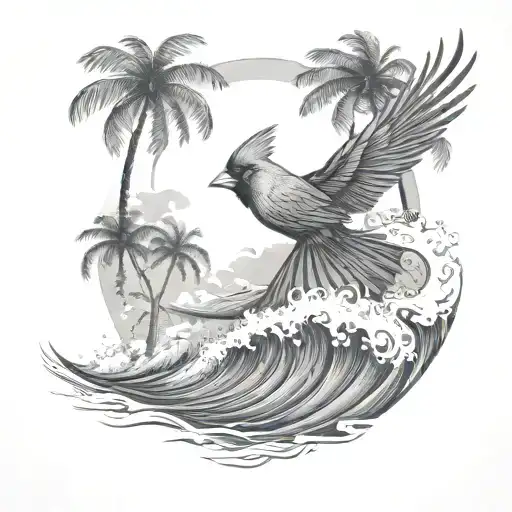 cardinal flying under an ocean wave with palm tree background tattoo design idea