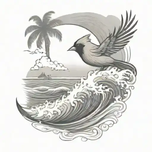 cardinal flying under an ocean wave with palm tree background tattoo design idea