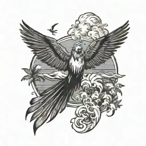 cardinal flying under an ocean wave with palm tree background tattoo design idea