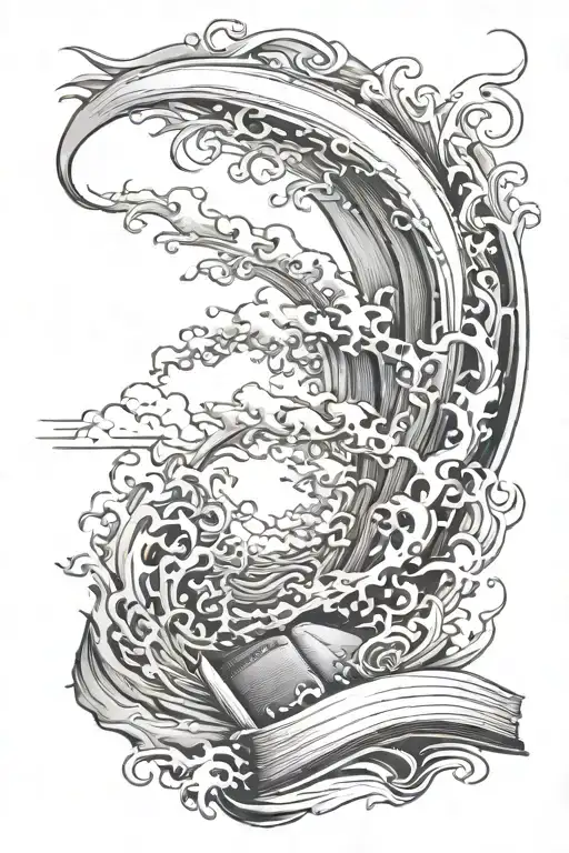 ocean waves with a catdinal  flying and flames showing light and dark and a book page or books  tattoo design idea