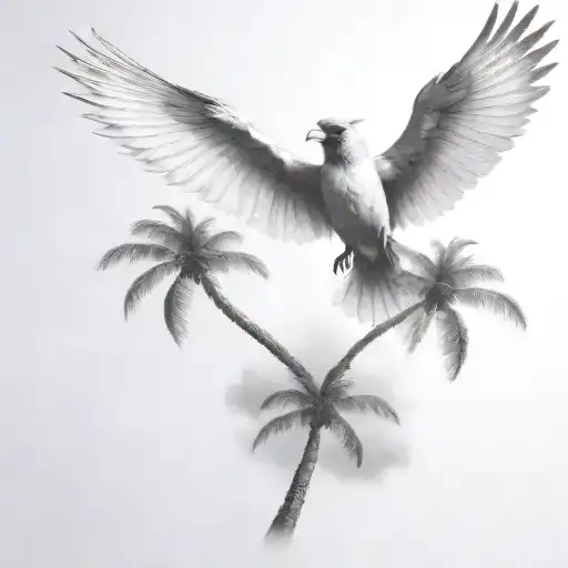 flying  cardinal and palm tree  siloette  and clouds  tattoo design idea