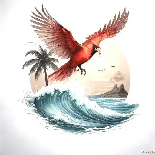 flying cardinal, and palm tree, rolling ocean wave breaking  tattoo design idea