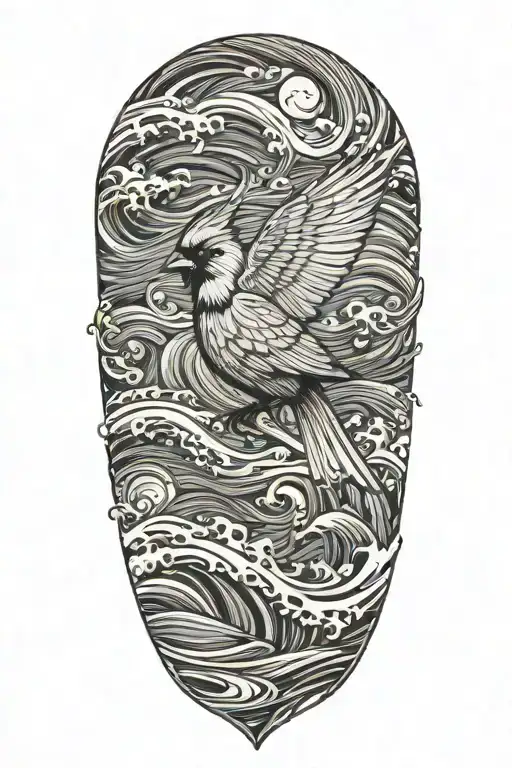 flying cardinal, ocean waves tattoo design idea