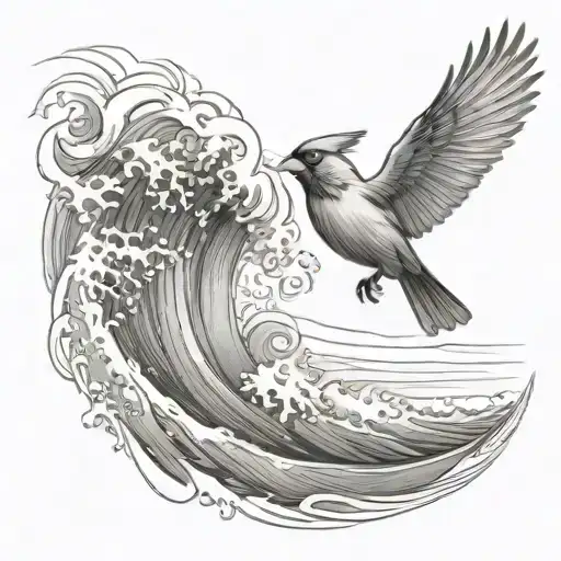 cardinal flying under an ocean wave with palm tree background tattoo design idea