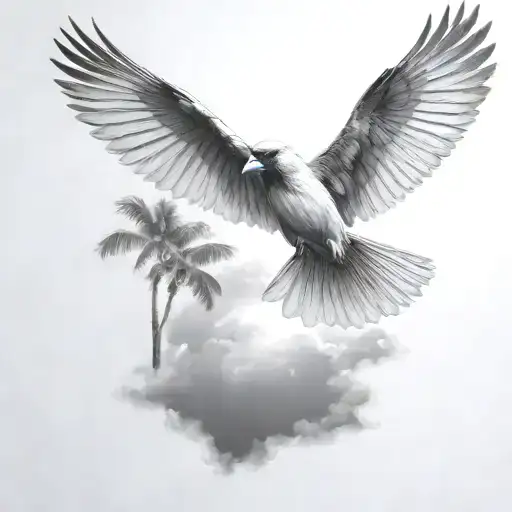 flying  cardinal and palm tree  siloette  and clouds  tattoo design idea