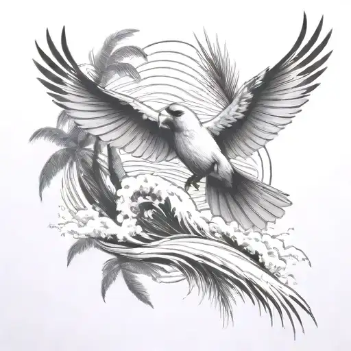 cardinal flying under an ocean wave with palm tree background tattoo design idea