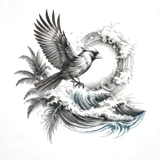 flying cardinal, and rolling ocean wave breaking, palm tree  tattoo design idea