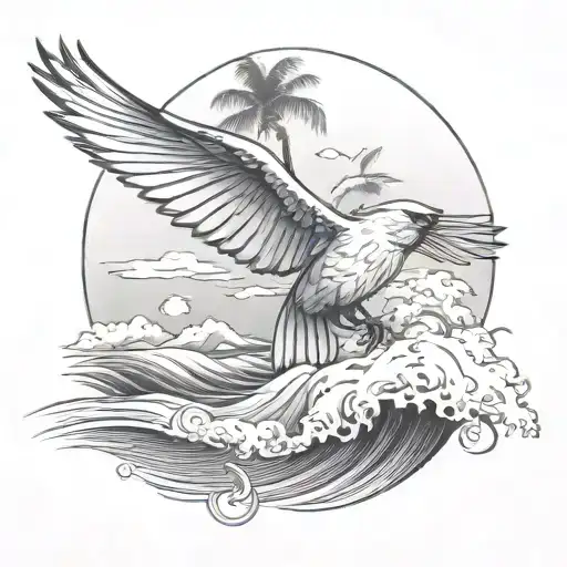 flying cardinal, wave, palm tree tattoo design idea