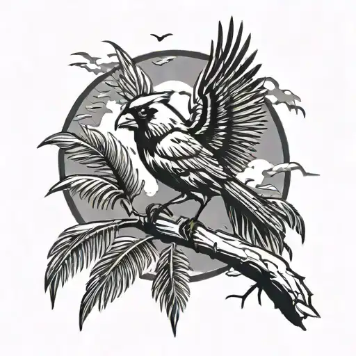 fierce flying cardinal, palmtree, storm clouds surrounding tattoo design idea