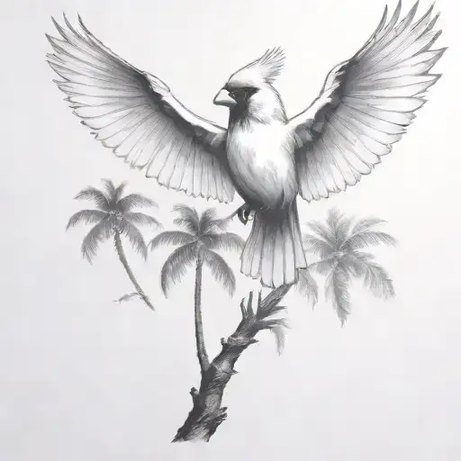 flying  cardinal and palm tree  siloette  and clouds  tattoo design idea