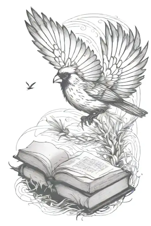 cardinal flying, palm tree, book  tattoo design idea