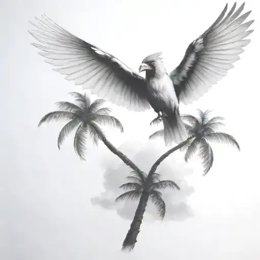 flying  cardinal and palm tree  siloette  and clouds  tattoo design idea
