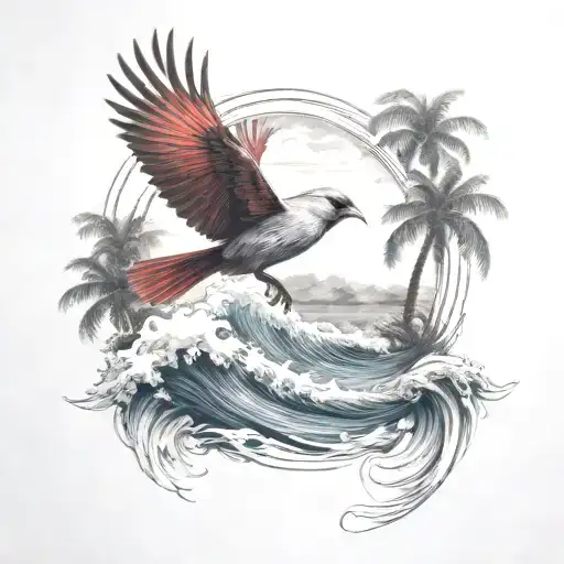 flying cardinal, and palm tree, rolling ocean wave breaking  tattoo design idea