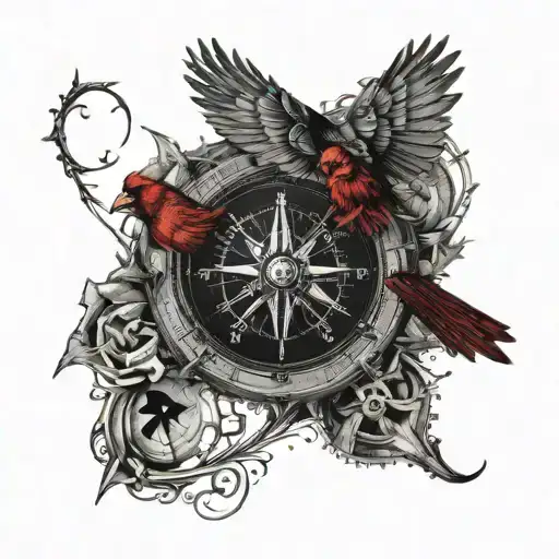 cardinal flying into a nautical compass rose surrounded tattoo design idea