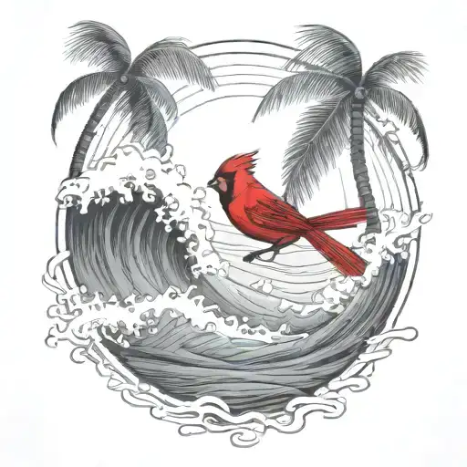 cardinal flying under an ocean wave with palm tree background tattoo design idea
