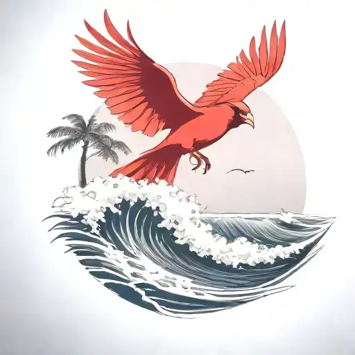 flying cardinal, and palm tree, rolling ocean wave breaking  tattoo design idea