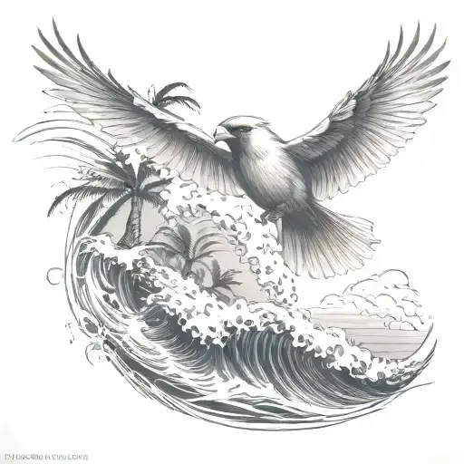 cardinal flying under an ocean wave with palm tree background tattoo design idea