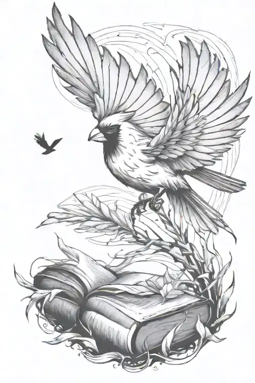 cardinal flying, book, palm leaves  tattoo design idea