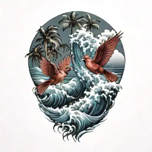 flying cardinal, ocean waves, palm trees  tattoo design idea