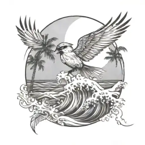 cardinal flying, palm tree, crashing ocean wave  tattoo design idea