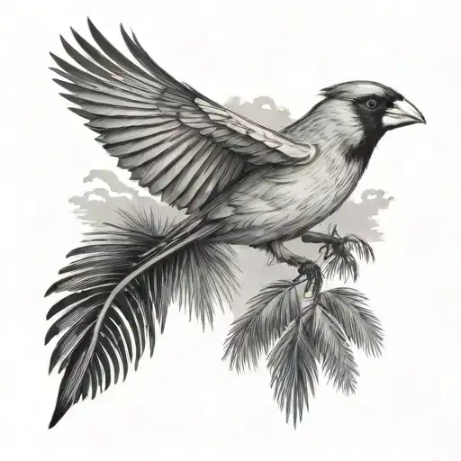 A black-grey tattoo of a cardinal bird flying over a field of palm trees tattoo design idea