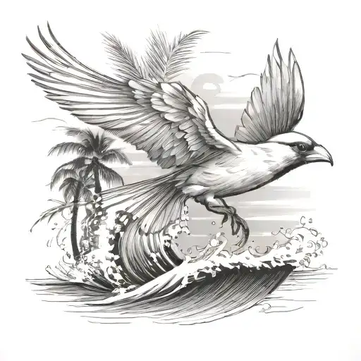 flying cardinal, rolling wave, palm tree tattoo design idea