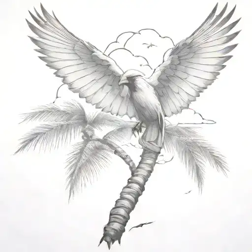 flying  cardinal and palm tree and clouds  tattoo design idea