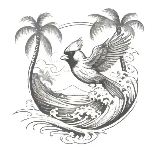 cardinal flying under an ocean wave with palm tree background tattoo design idea