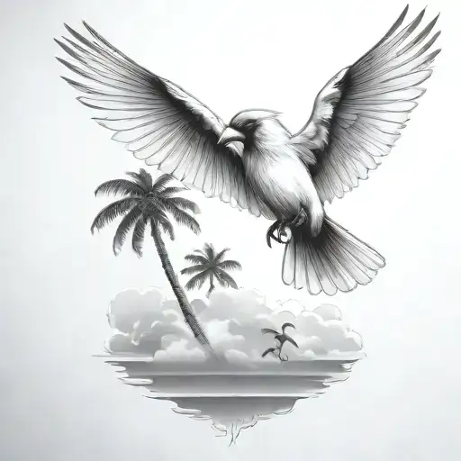 flying  cardinal and palm tree  siloette  and clouds  tattoo design idea