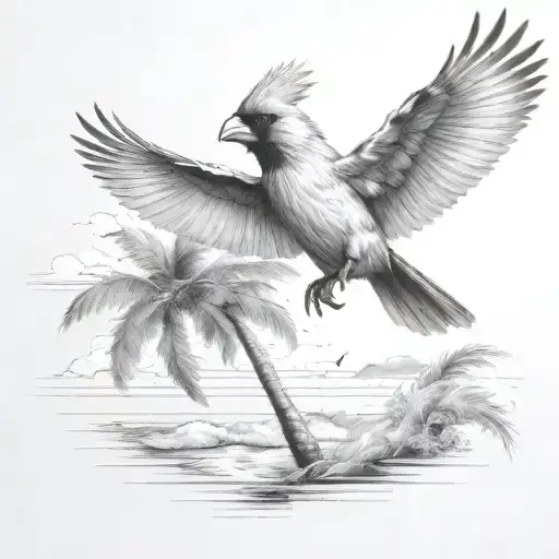flying  cardinal to the ocean and palm tree tattoo design idea