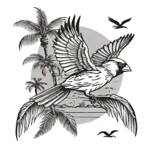 A black-grey tattoo of a cardinal bird flying over a field of palm trees tattoo design idea