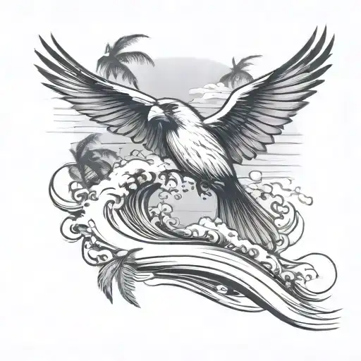 cardinal flying under an ocean wave with palm tree background tattoo design idea