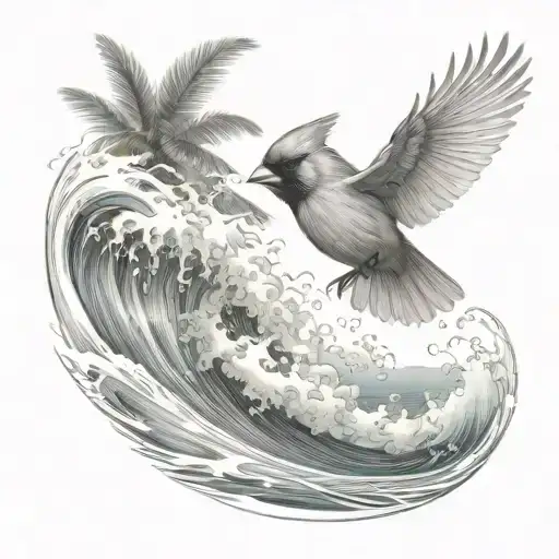 cardinal flying under an ocean wave with palm tree background tattoo design idea
