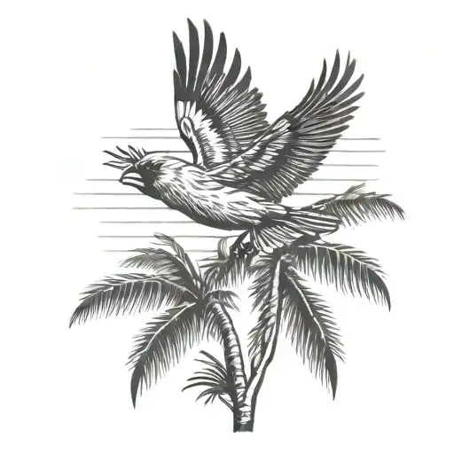 cardinal flying over palm trees tattoo design idea