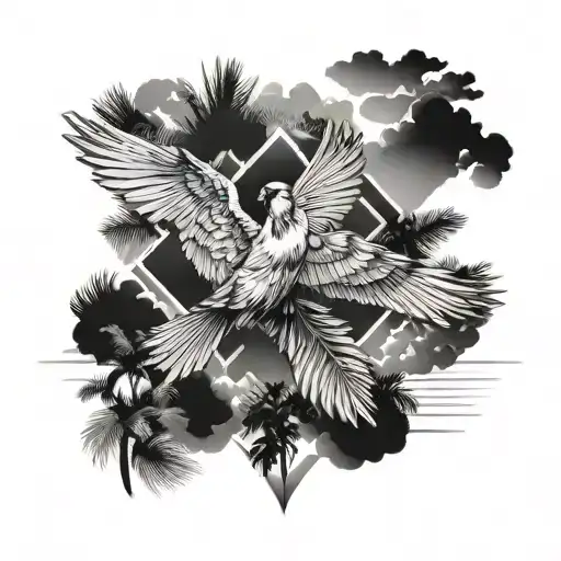 flying  cardinal, palm trees, clouds tattoo design idea