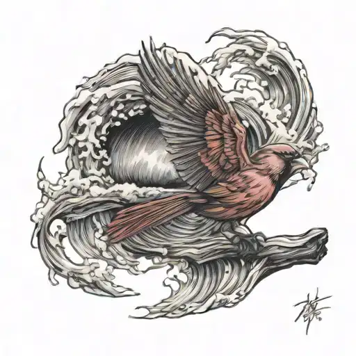 flying cardinal and rolling wave tattoo design idea