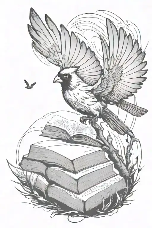 cardinal flying, palm tree, book open tattoo design idea