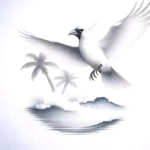 flying  cardinal to the ocean and palm tree with big wave tattoo design idea