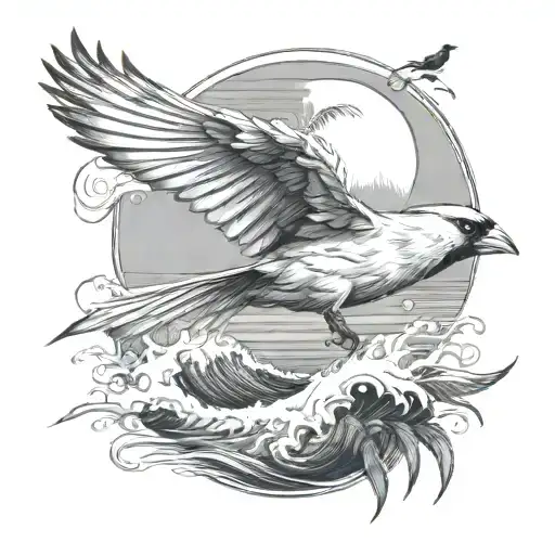 flying cardinal, wave, palm tree tattoo design idea